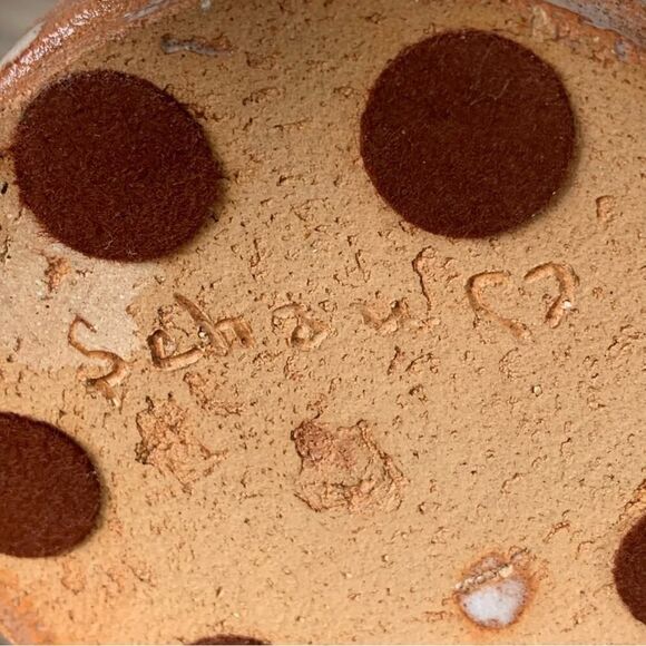 Vintage Schau Pottery Clay Glazed Floral Handmade 3D Vase Terracotta Blue 7”H - Picture 7 of 12